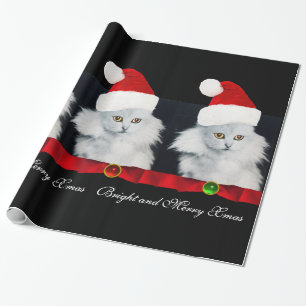 WHITE CHRISTMAS CAT,SANTA CLAUS HAT AND RED RIBBON WRAPPING PAPER