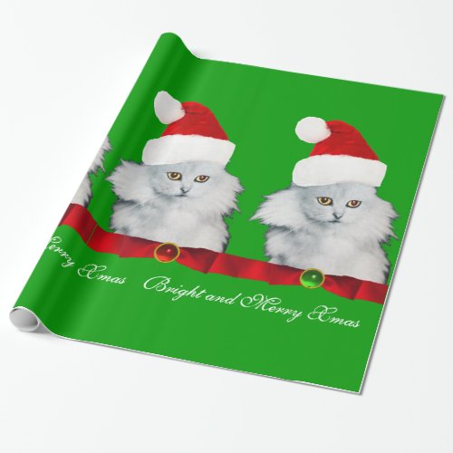 WHITE CHRISTMAS CATSANTA CLAUS HAT AND RED RIBBON WRAPPING PAPER