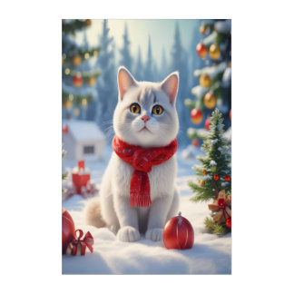 White Christmas Cat with Red Scarf Acrylic Print