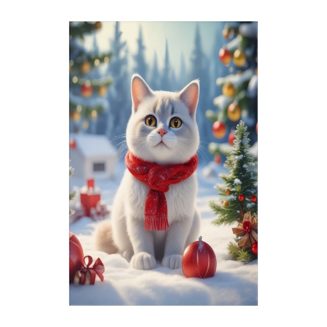 White Christmas Cat with Red Scarf Acrylic Print (Front)