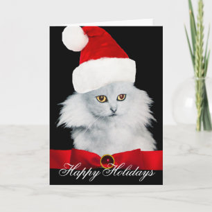 WHITE CHRISTMAS CAT WITH SANTA CLAUS HAT HOLIDAY CARD