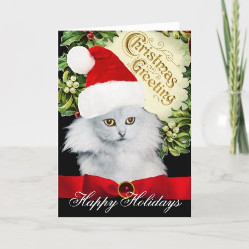 WHITE CHRISTMAS CAT WITH SANTA CLAUS HAT HOLIDAY CARD