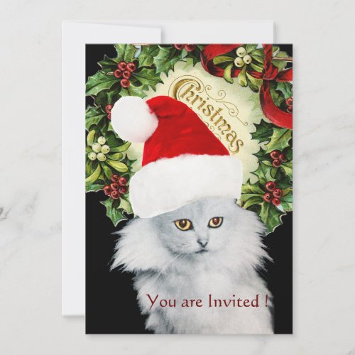 WHITE CHRISTMAS CAT WITH SANTA CLAUS HAT INVITATION