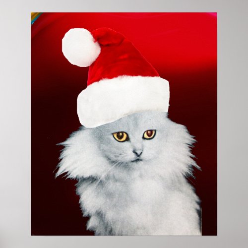 WHITE CHRISTMAS CAT WITH SANTA CLAUS HAT Red Ruby Poster