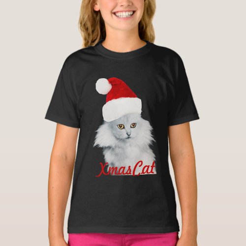 WHITE CHRISTMAS CAT WITH SANTA CLAUS HAT T_Shirt