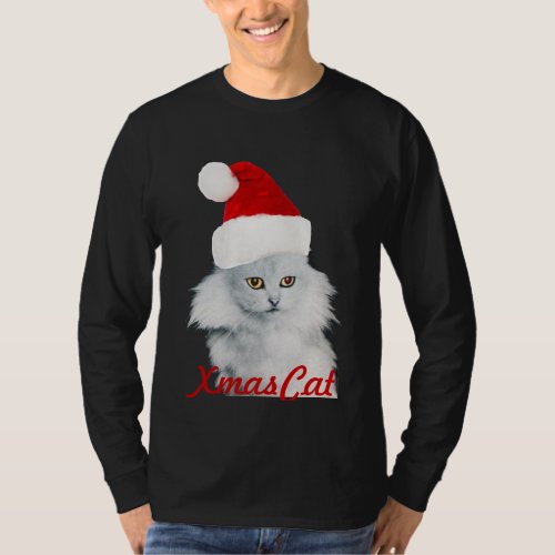 WHITE CHRISTMAS CAT WITH SANTA CLAUS HAT T_Shirt