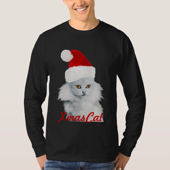 WHITE CHRISTMAS CAT WITH SANTA CLAUS HAT T-Shirt (Front)