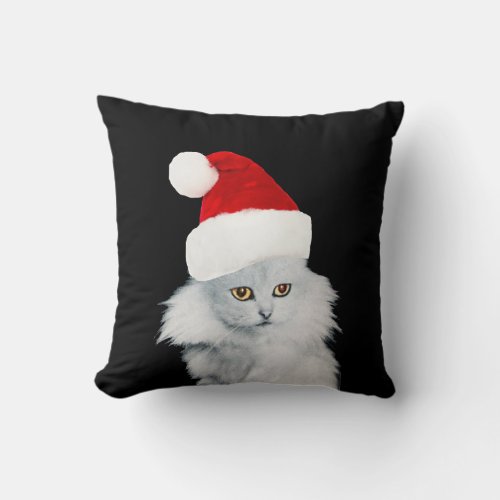 WHITE CHRISTMAS CAT WITH SANTA CLAUS HAT THROW PILLOW