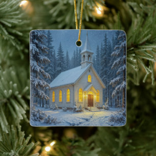White Christmas Chapel In Winter Pines Ceramic Ornament