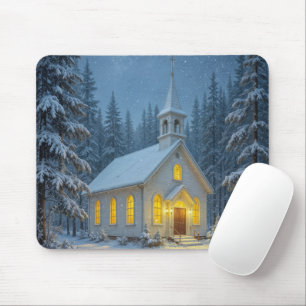White Christmas Chapel In Winter Pines Mouse Pad