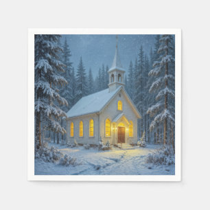 White Christmas Chapel In Winter Pines Napkins