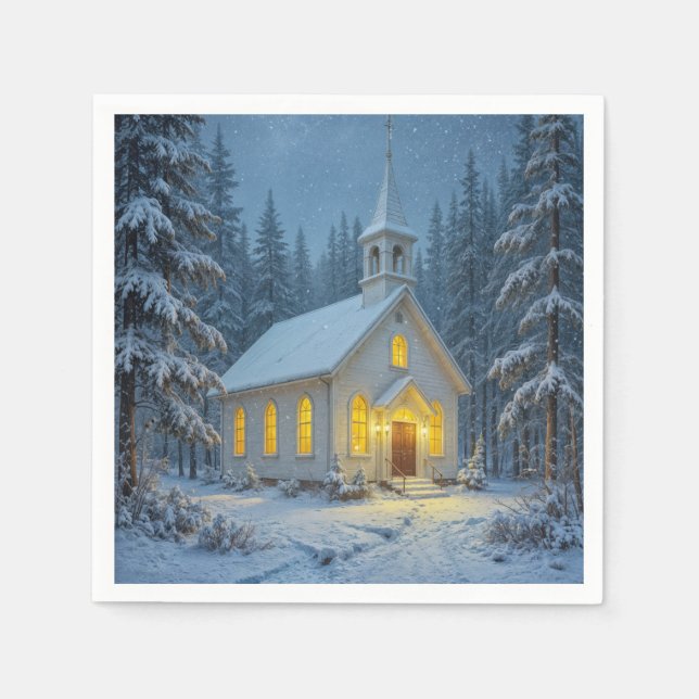 White Christmas Chapel In Winter Pines Napkins (Front)