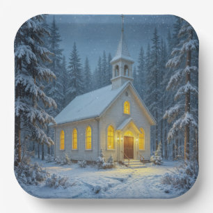 White Christmas Chapel In Winter Pines Paper Plates