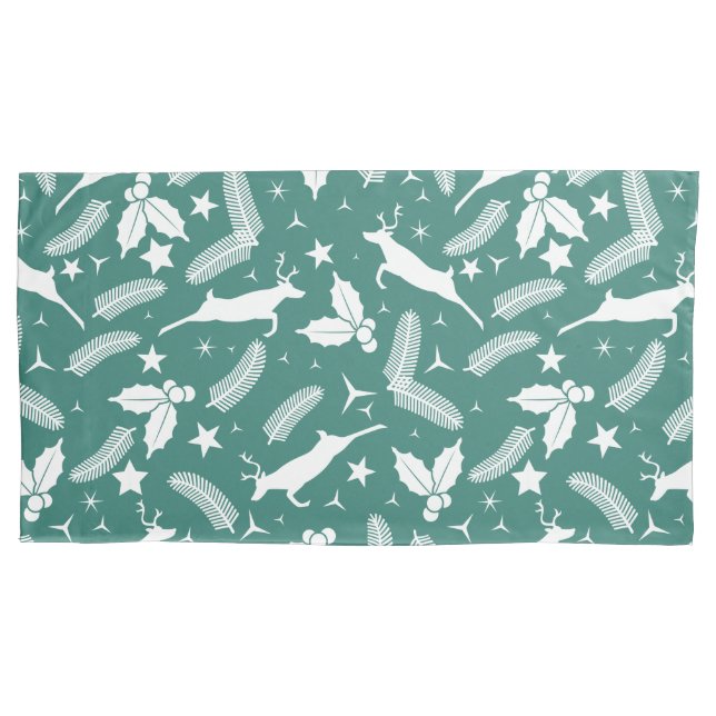 White Christmas deer and Christmas holly on green Pillow Case (Front)