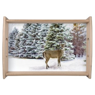 White Christmas Deer in Forest Serving Tray