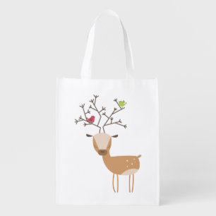 White Christmas Deer with Birds Grocery Bag