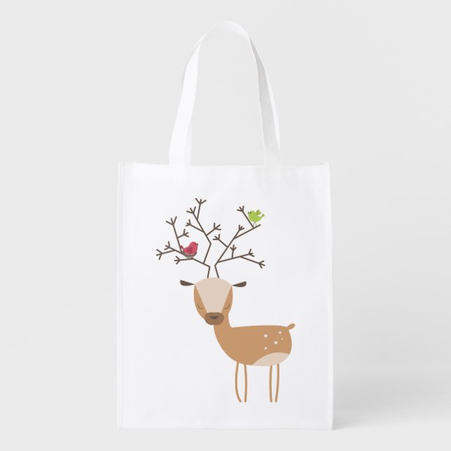 White Christmas Deer with Birds Grocery Bag (Front)