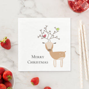 White Christmas Deer with Birds Napkins