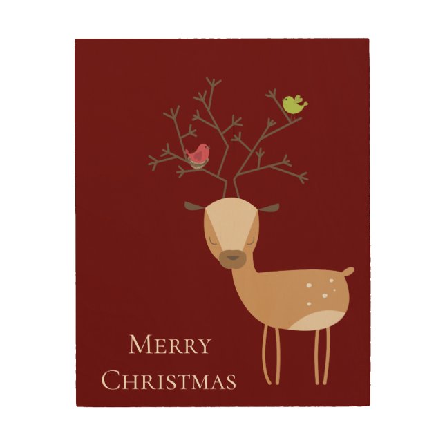 White Christmas Deer with Birds Wood Wall Art (Front)