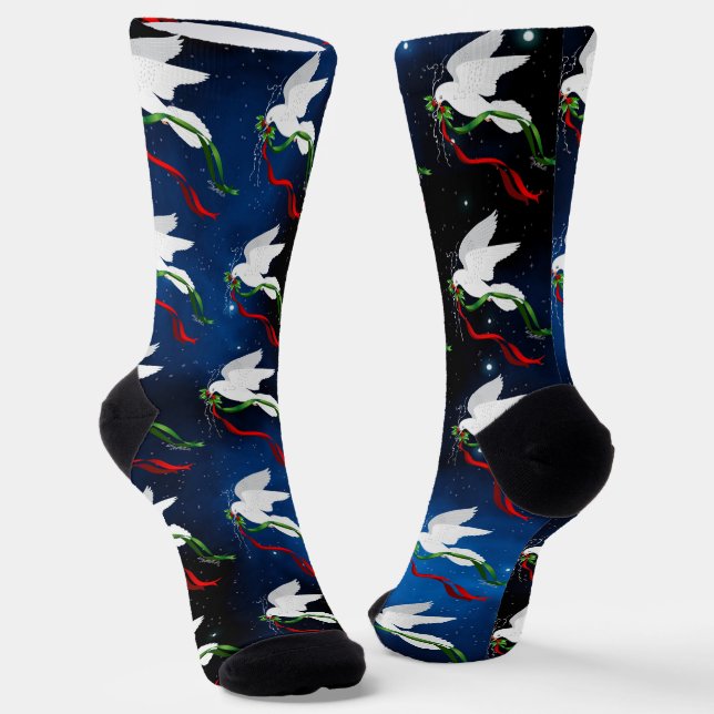 White Christmas Dove Crew Socks (Angled)