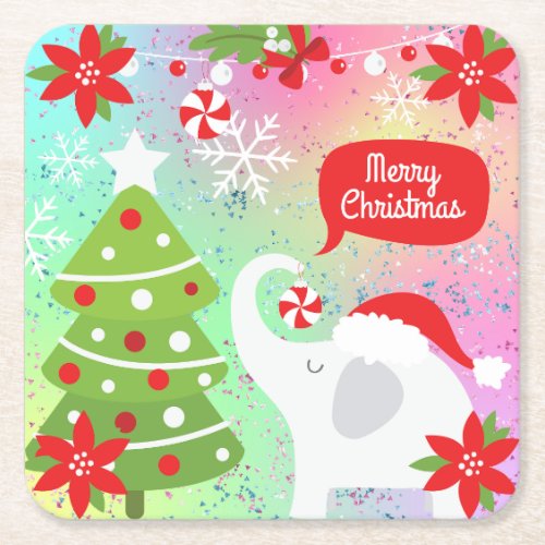 White Christmas Elephant  Square Paper Coaster