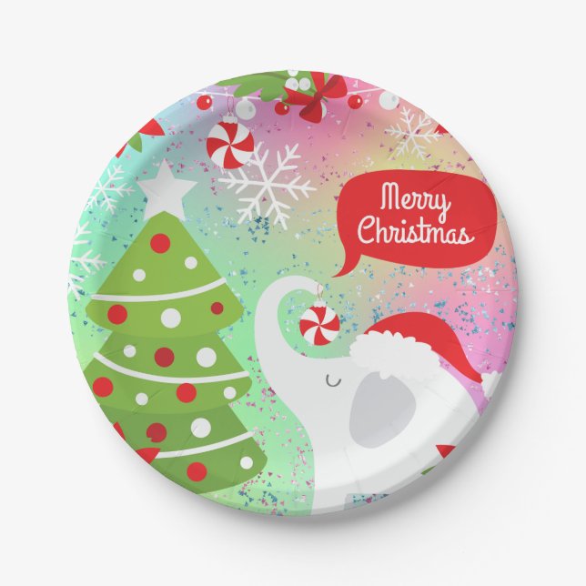 White Christmas Elephant Square  Paper Plates (Front)