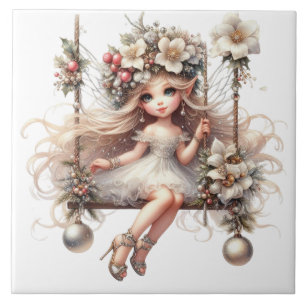 White Christmas Fairy  Ceramic Tile