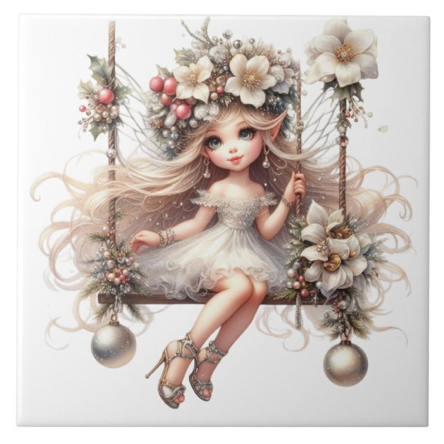 White Christmas Fairy  Ceramic Tile (Front)