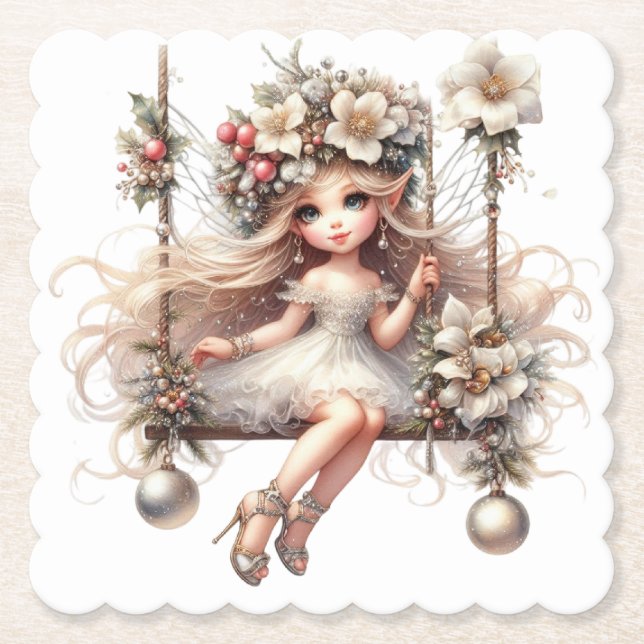 White Christmas Fairy  Paper Coaster (Front)