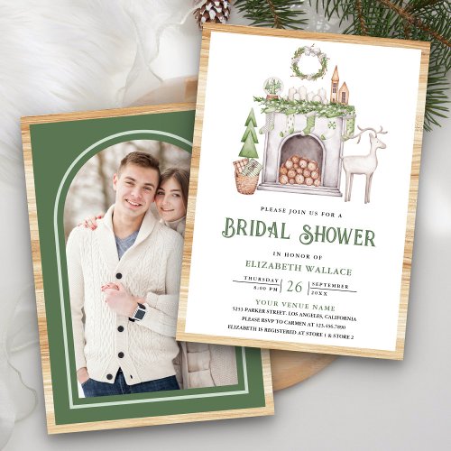 White Christmas Fireplace Photo Bridal Shower Invitation