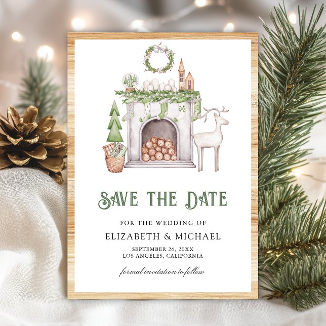 White Christmas Fireplace Photo Wedding Save The Date (Creator Uploaded)