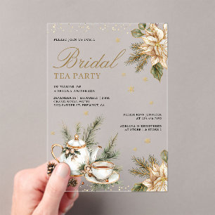 White Christmas Floral Tea Party Bridal Shower Acrylic Invitations