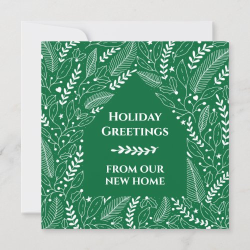 White Christmas Florals on Green Moving Home Announcement
