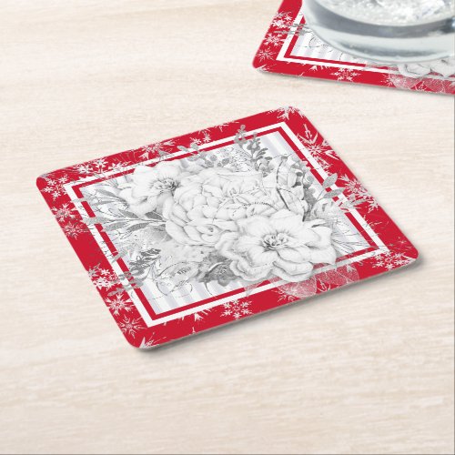 White Christmas Flower with Faded Stripe Square Paper Coaster