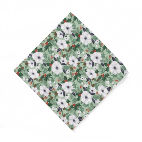 White Christmas flowers and red berries pattern Bandana