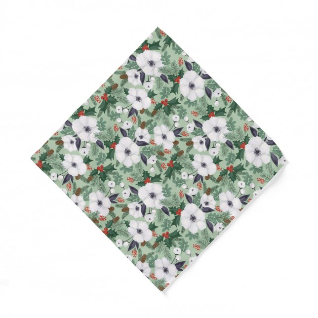 White Christmas flowers and red berries pattern Bandana (Front)