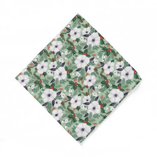  White Christmas flowers and red berries pattern Bandana
