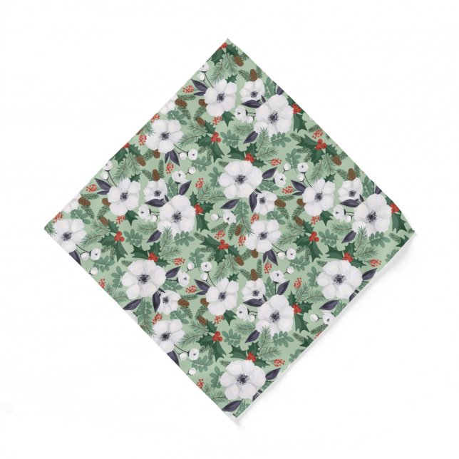  White Christmas flowers and red berries pattern Bandana (Front)
