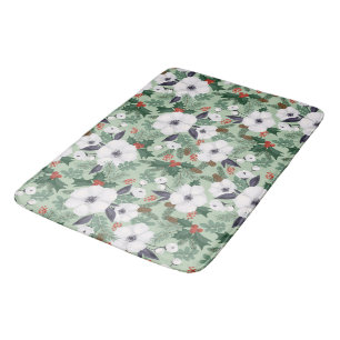 White Christmas flowers and red berries pattern Bath Mat