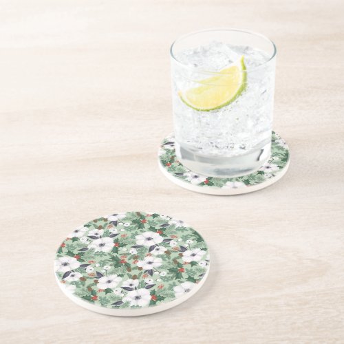  White Christmas flowers and red berries pattern Coaster