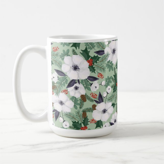 White Christmas flowers and red berries pattern Coffee Mug (Left)