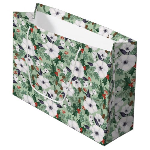  White Christmas flowers and red berries pattern  Large Gift Bag