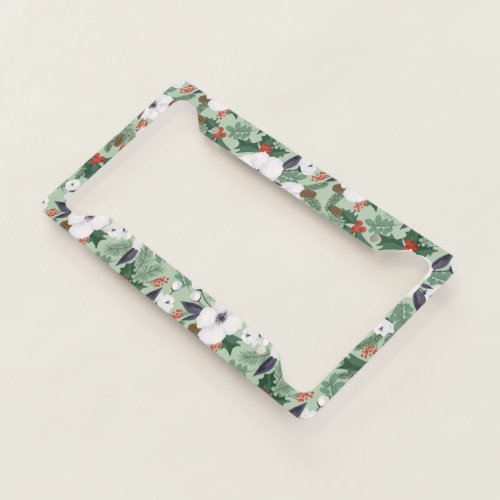 White Christmas flowers and red berries pattern License Plate Frame