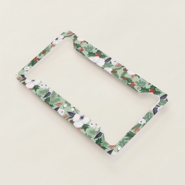 White Christmas flowers and red berries pattern License Plate Frame (3/4)