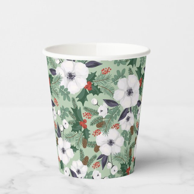 White Christmas flowers and red berries pattern Paper Cups (Left)