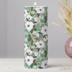White Christmas flowers and red berries pattern Pillar Candle