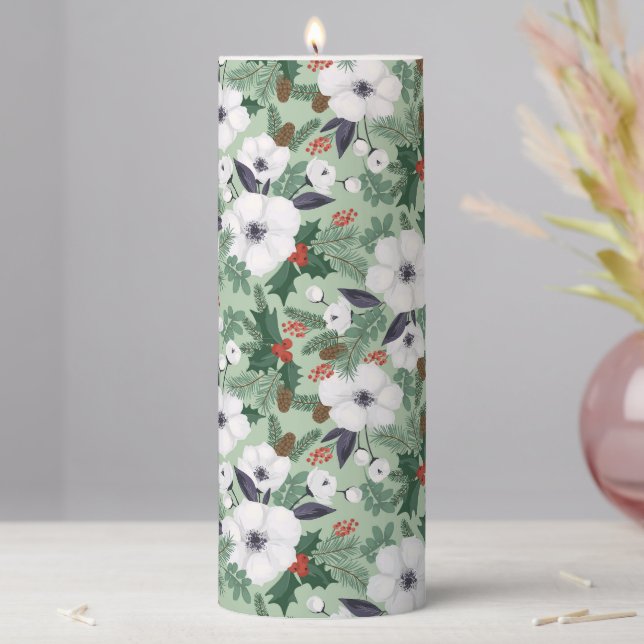 White Christmas flowers and red berries pattern Pillar Candle (In Situ)