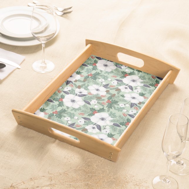 White Christmas flowers and red berries pattern Serving Tray (Front)