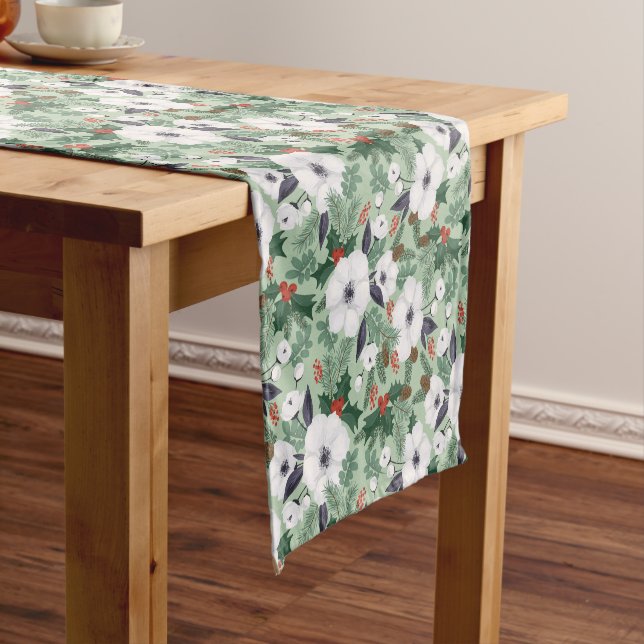 White Christmas flowers and red berries pattern Short Table Runner (In Situ)
