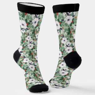 White Christmas flowers and red berries pattern Socks